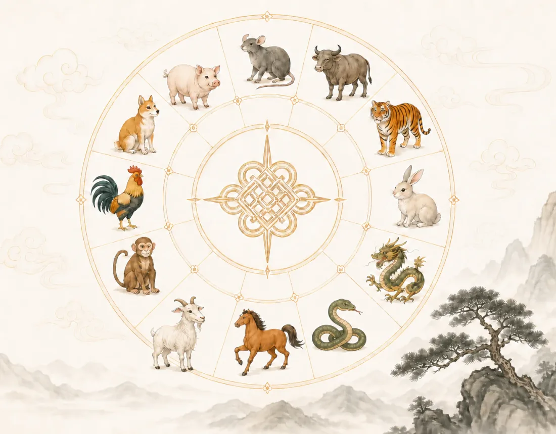 Illustrated Chinese zodiac wheel with the twelve animals