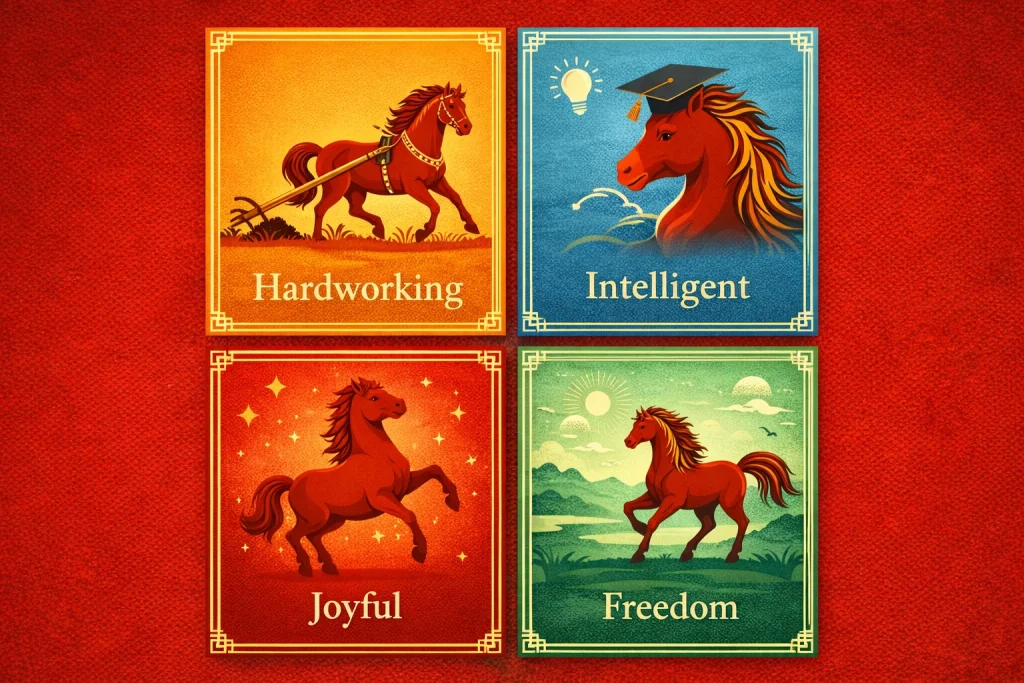Infographic of Chinese zodiac Horse personality traits: hardworking, intelligent, joyful and freedom
