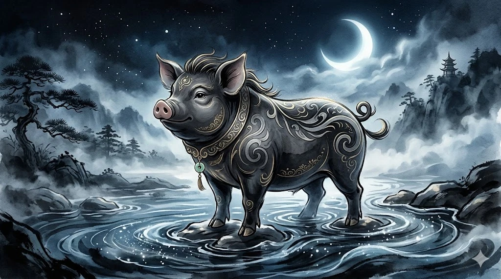 Year of the Pig Chinese zodiac illustRation with water element symbolism