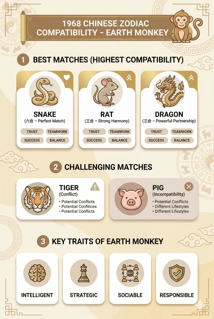 1968 Chinese zodiac compatibility chart showing Earth Monkey best matches Snake, Rat, Dragon and challenging matches Tiger and Pig