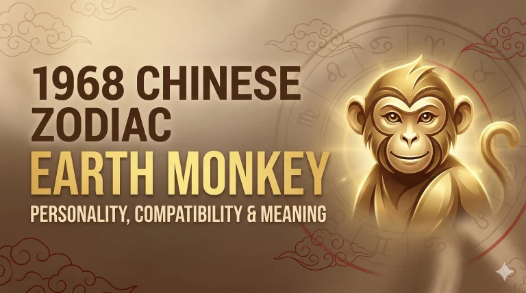1968 Chinese zodiac Earth Monkey cover image featuring golden monkey and blog title about personality compatibility and meaning