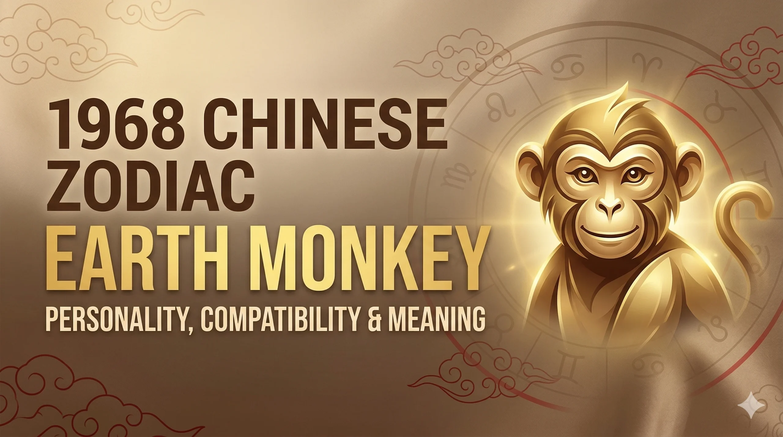 1968 Chinese zodiac Earth Monkey cover image featuring golden monkey and blog title about personality compatibility and meaning
