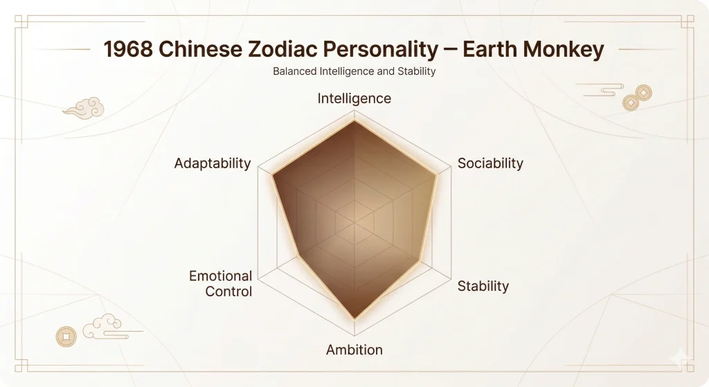 1968 Chinese zodiac Earth Monkey personality radar chart showing intelligence sociability stability ambition emotional control and adaptability