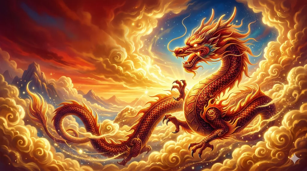 Chinese zodiac dragon flying in clouds symbolizing luck, power and 2025 fortune