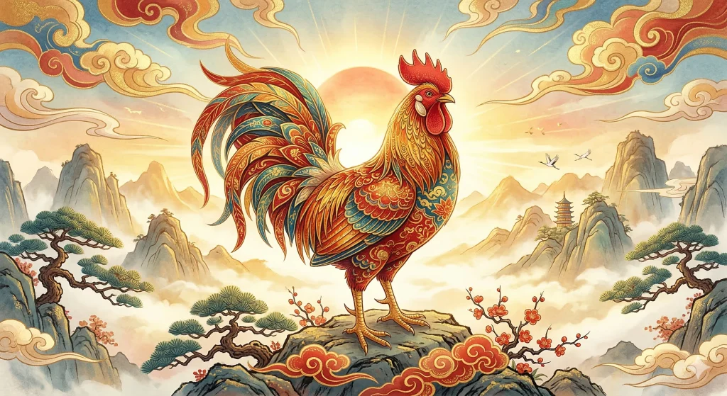 Chinese zodiac rooster illustRation symbolizing personality, meaning, and 2025 horoscope with red and gold traditional style