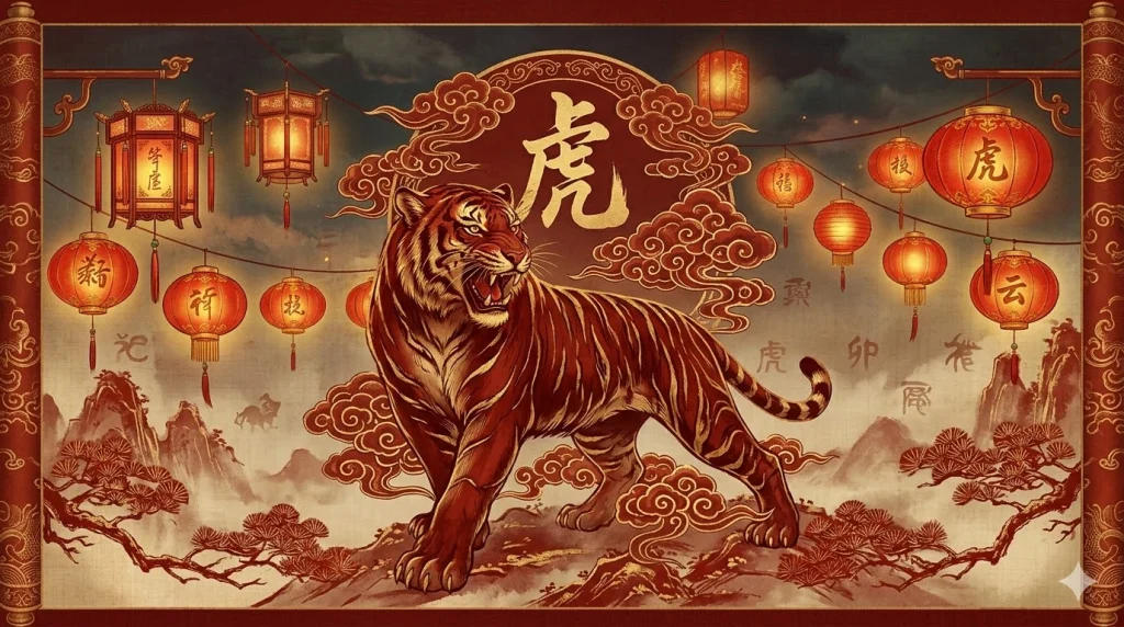 Chinese zodiac tiger illustRation symbolizing strength, courage and Chinese zodiac astrology