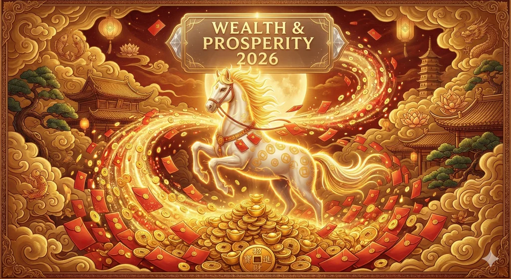 Horse horoscope 2026 wealth and financial luck concept with golden coins and prosperity theme