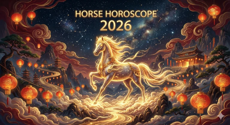 Horse Horoscope 2026 with a golden glowing horse under a starry sky, Chinese zodiac year of the horse concept