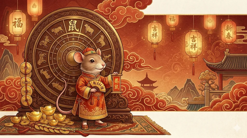 Chinese zodiac rat illustration with traditional red and gold zodiac wheel