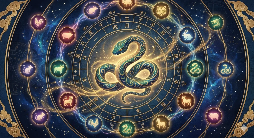 Chinese zodiac snake with twelve zodiac symbols representing monthly horoscope for Snake in 2026