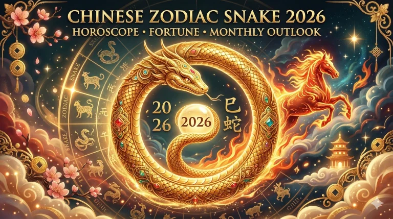 Chinese zodiac snake surrounded by stars representing Snake horoscope luck in 2026