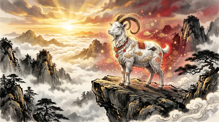 Chinese Zodiac Goat Horoscope 2026 illustration with golden goat and red background symbolizing luck, career, and fortune