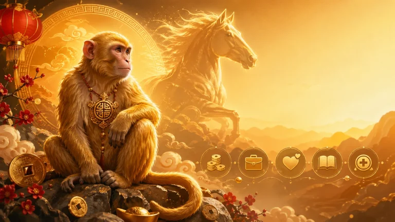 Chinese zodiac Monkey 2026 horoscope cover with golden monkey and horse symbol representing fortune, career, love and health