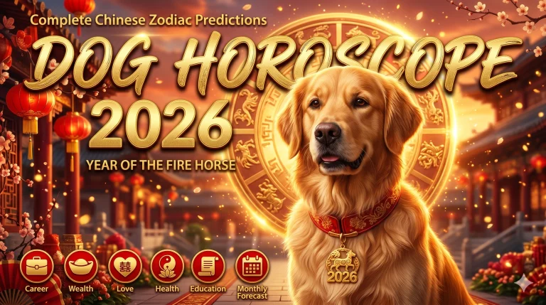 Dog Horoscope 2026 Chinese zodiac predictions cover image featuring a golden retriever with traditional Chinese New Year decorations and zodiac wheel background.
