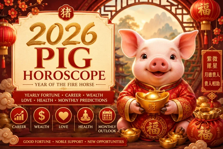 Pig Horoscope 2026 cover image featuring a festive Chinese zodiac pig with gold ingots, symbolizing wealth, career, love, health, and yearly fortune predictions.