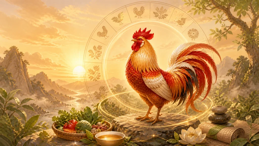 Rooster health and monthly horoscope 2026 with sunrise, wellness symbols, greenery, and zodiac calendar wheel