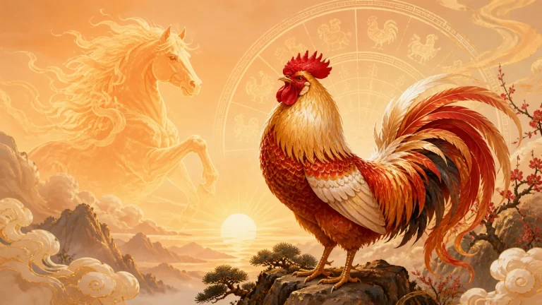 Rooster horoscope 2026 with golden rooster, Fire Horse symbol, zodiac wheel, and sunrise background