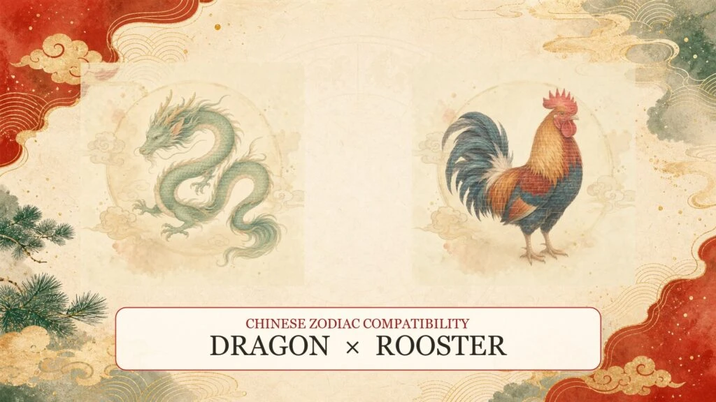 Dragon and Rooster symbols on a Chinese zodiac compatibility cover