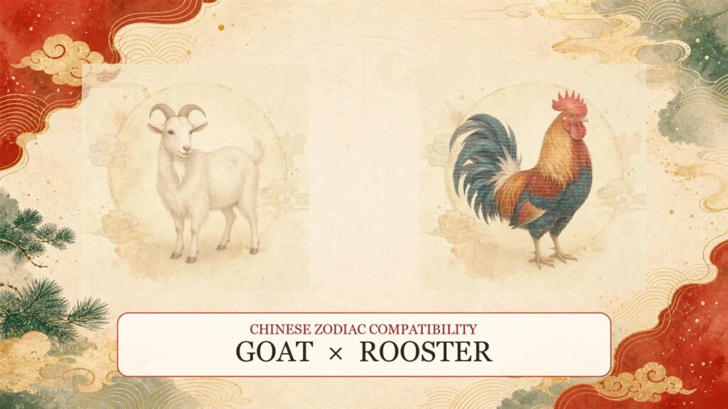 Goat and Rooster symbols on a Chinese zodiac compatibility cover