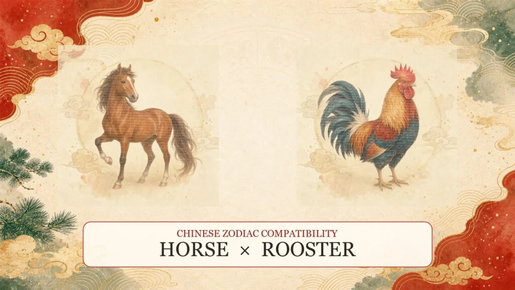 Horse and Rooster symbols on a Chinese zodiac compatibility cover