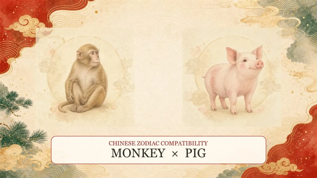 Monkey and Pig symbols on a Chinese zodiac compatibility cover