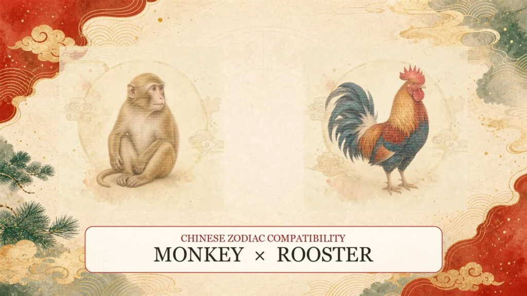 Monkey and Rooster symbols on a Chinese zodiac compatibility cover