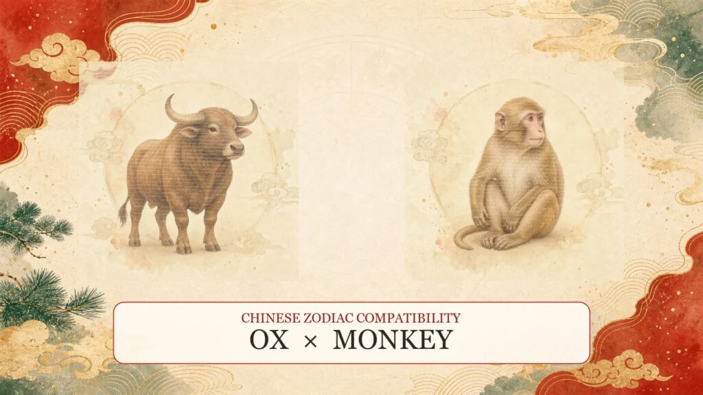 Ox and Monkey symbols on a Chinese zodiac compatibility cover