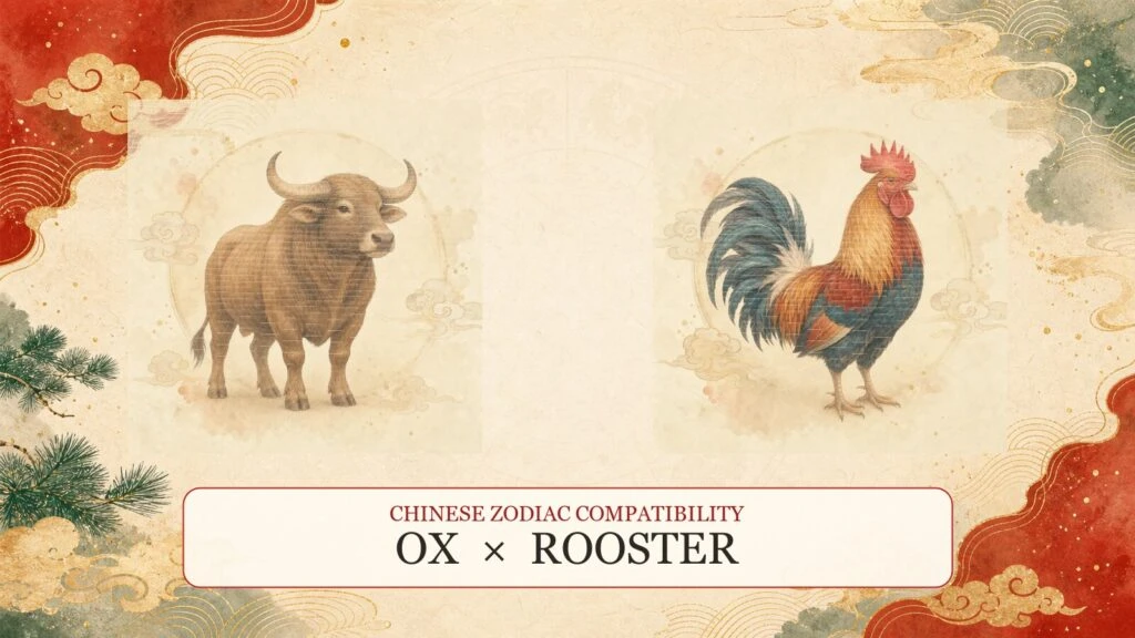 Ox and Rooster symbols on a Chinese zodiac compatibility cover