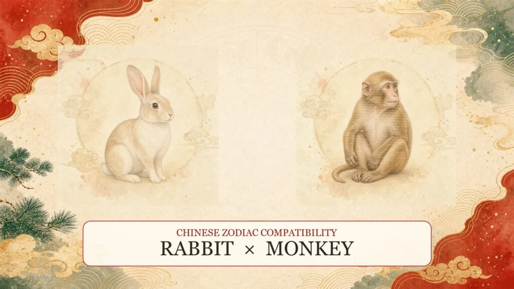 Rabbit and Monkey symbols on a Chinese zodiac compatibility cover