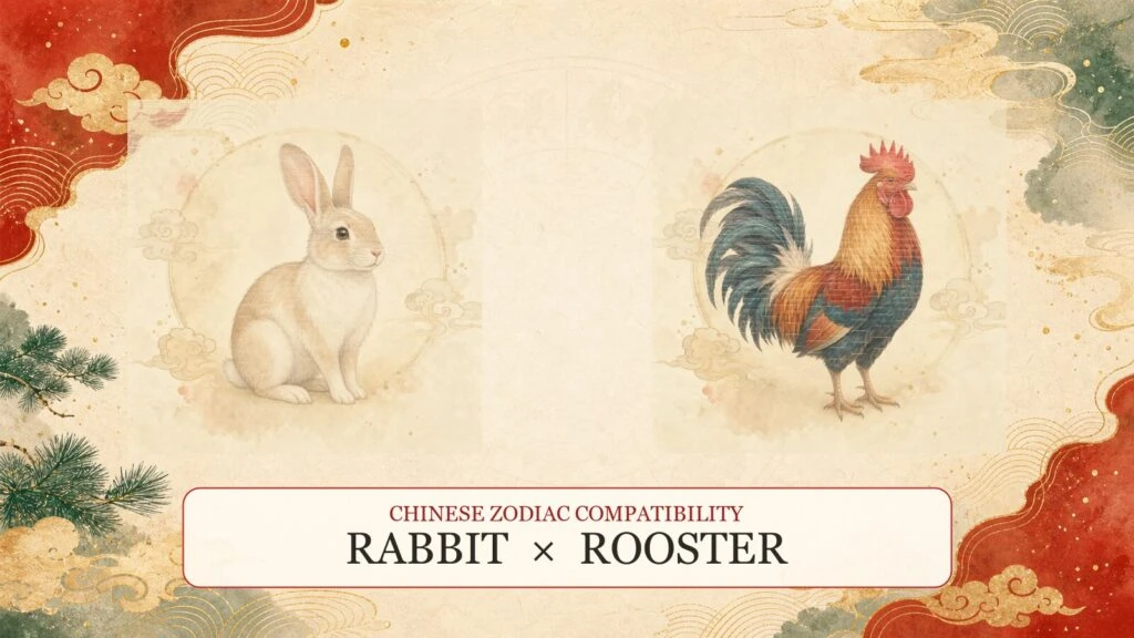 Rabbit and Rooster symbols on a Chinese zodiac compatibility cover