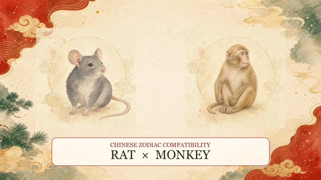 Rat and Monkey symbols on a Chinese zodiac compatibility cover