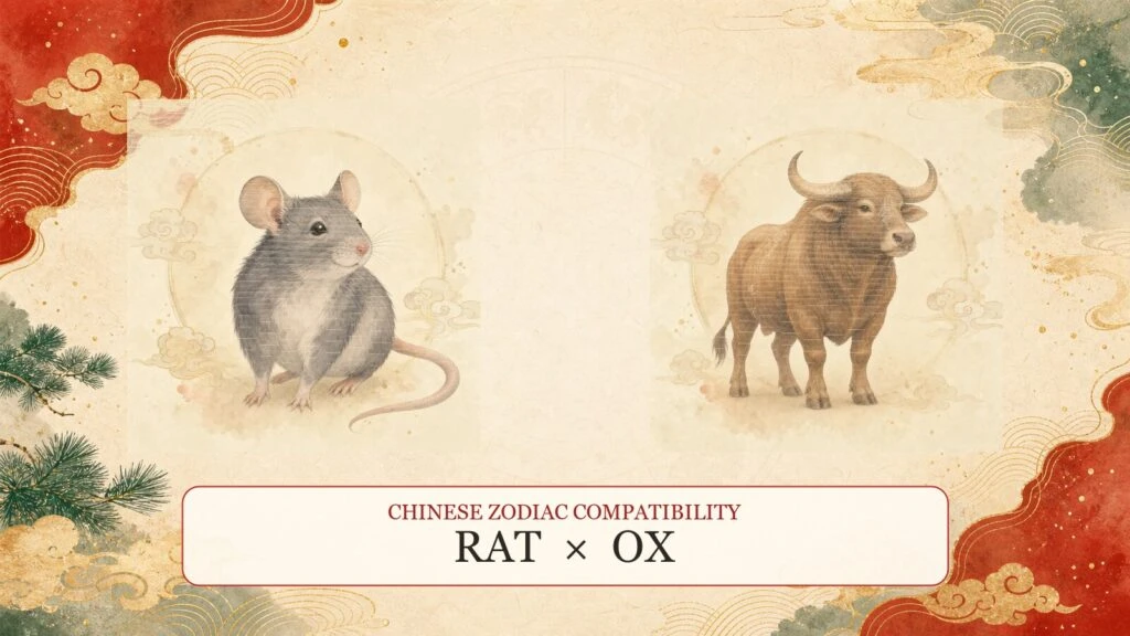 Rat and Ox symbols on a Chinese zodiac compatibility cover
