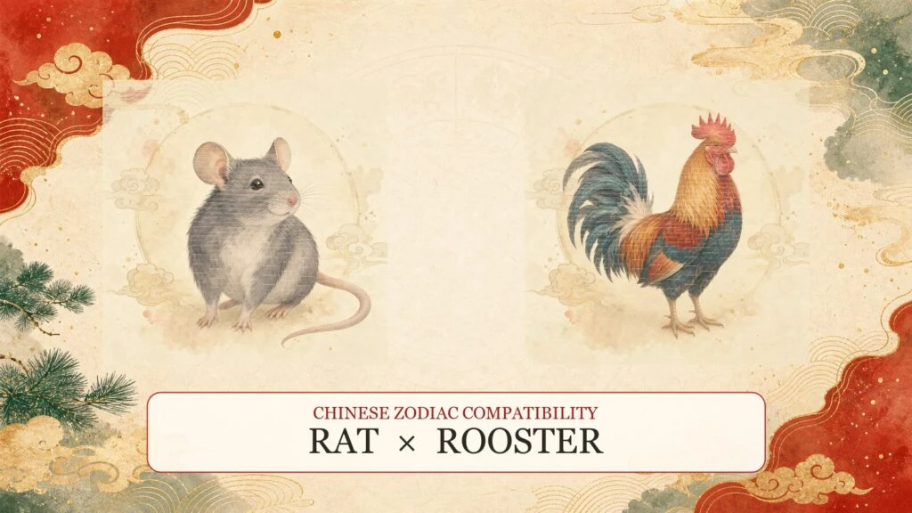 Rat and Rooster symbols on a Chinese zodiac compatibility cover