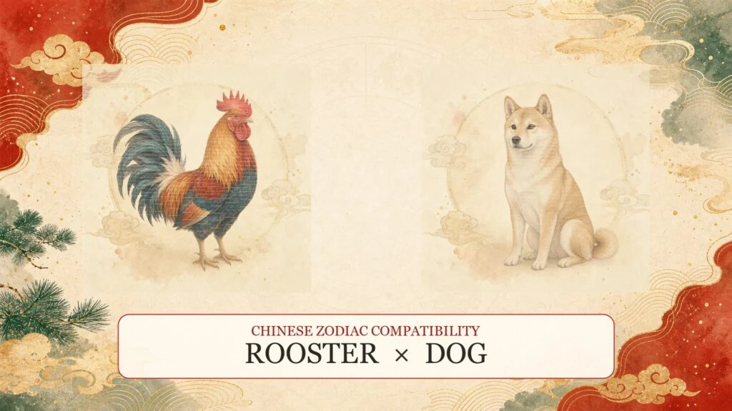 Rooster and Dog symbols on a Chinese zodiac compatibility cover