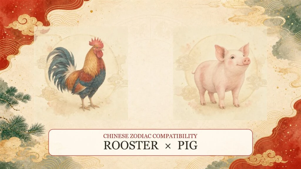 Rooster and Pig symbols on a Chinese zodiac compatibility cover