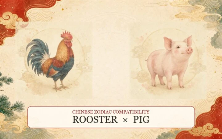 Rooster and Pig symbols on a Chinese zodiac compatibility cover