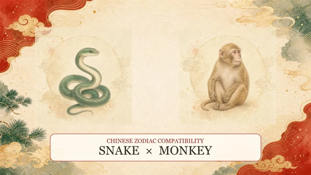 Snake and Monkey symbols on a Chinese zodiac compatibility cover