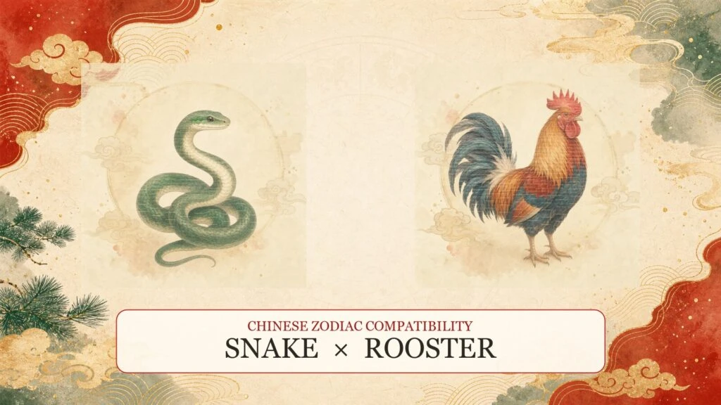 Snake and Rooster symbols on a Chinese zodiac compatibility cover