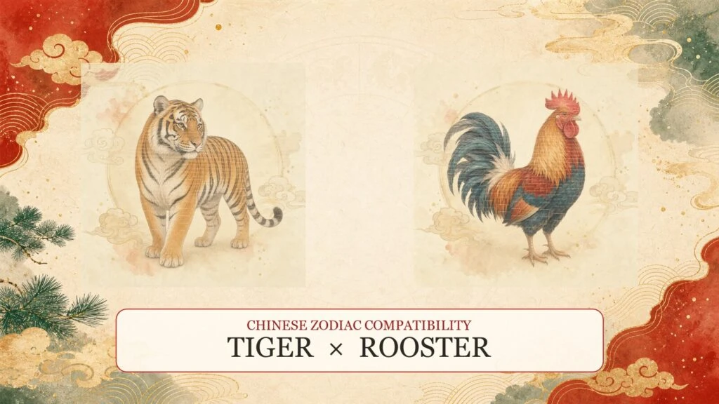 Tiger and Rooster symbols on a Chinese zodiac compatibility cover